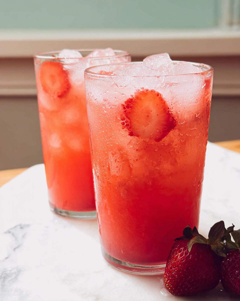 Two tall, sweating glasses filled with a bright red Strawberry Açaí Refresher Copycat drink, ice, and strawberry slices.