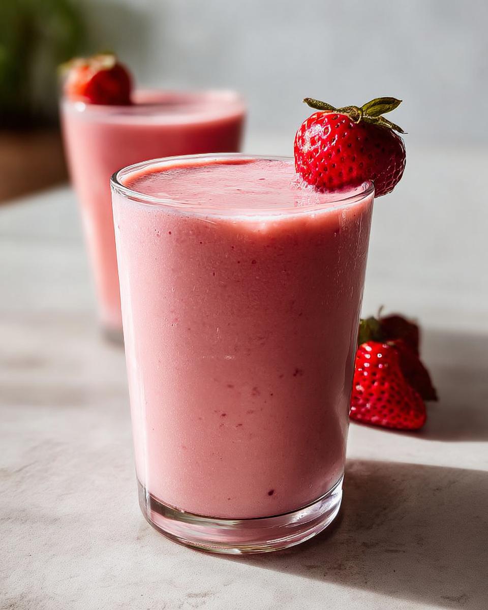 Close-up of a vibrant pink Strawberry Banana Smoothie garnished with a fresh strawberry.