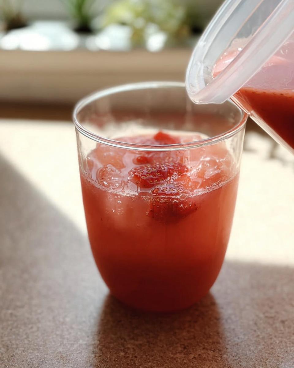 Pouring a refreshing strawberry drink with ice and strawberry pieces into a glass. Restaurant-Style Starbucks Drinks at Home.