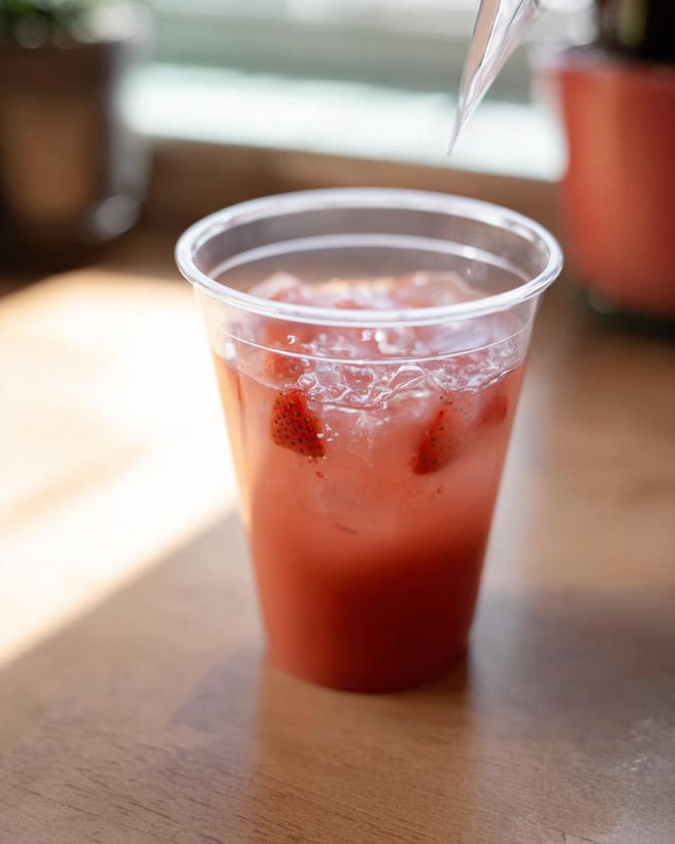 Close-up of a refreshing strawberry drink with ice and strawberry pieces, perfect for Restaurant-Style Starbucks Drinks at Home.