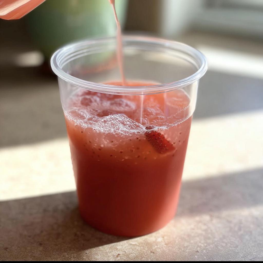 A refreshing strawberry drink being poured into a clear plastic cup, creating foam and showing strawberry pieces.