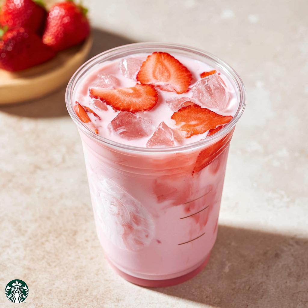 Close-up of a pink strawberry milk drink with ice and fresh strawberry slices, part of 5-Ingredient Starbucks Drinks.