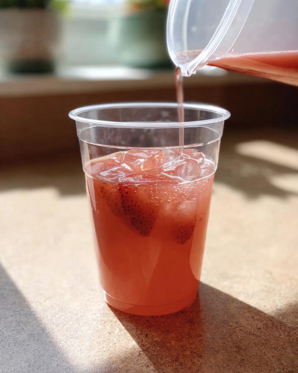 Pouring a pink strawberry drink with ice and strawberry slices into a clear plastic cup for a restaurant-style Starbucks drink at home.