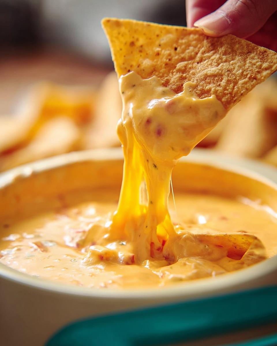A hand dips a tortilla chip into creamy, melted Queso Dip, showing long, stretchy cheese pulls.