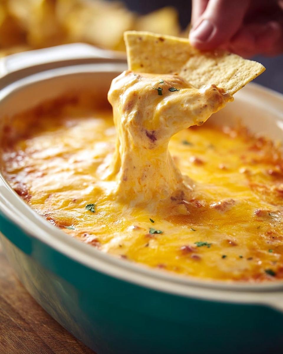 A hand dips a tortilla chip into a bubbling, cheesy Queso Dip, showing a long, satisfying cheese pull.