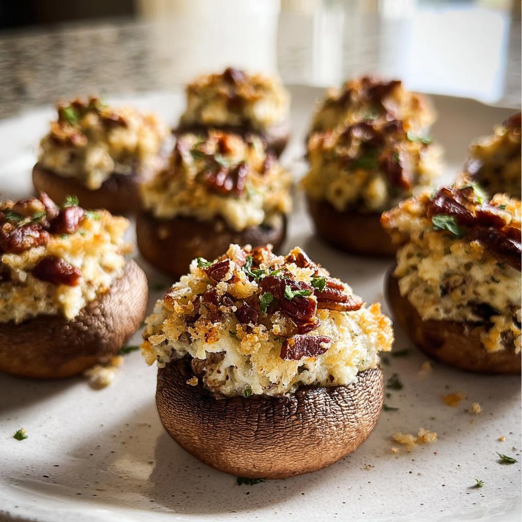 Close-up of several baked Stuffed Mushrooms (Make Ahead) featuring a creamy filling topped with crispy breadcrumbs and bacon bits.