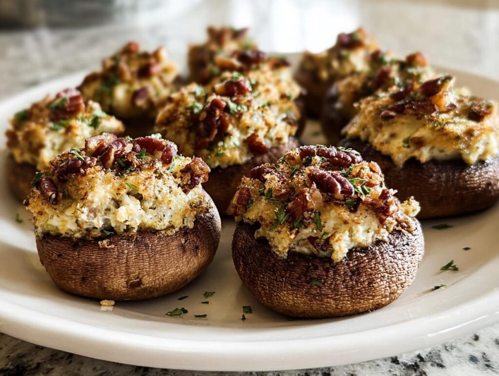 Close-up of baked Stuffed Mushrooms (Make Ahead) topped with creamy filling and toasted pecans on a white plate.