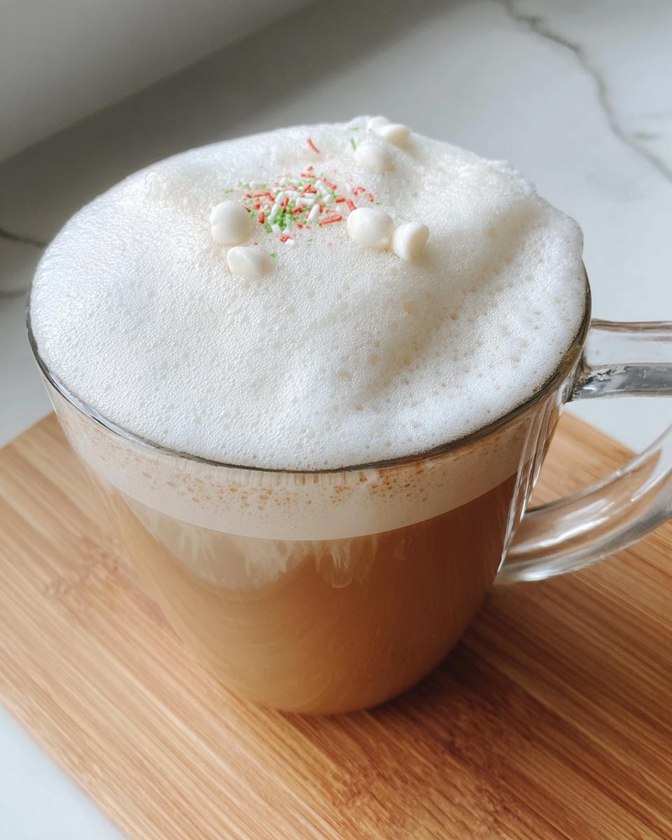 Close-up of a Sugar Cookie Latte at Home in a glass mug, topped with thick white foam, holiday sprinkles, and mini marshmallows.