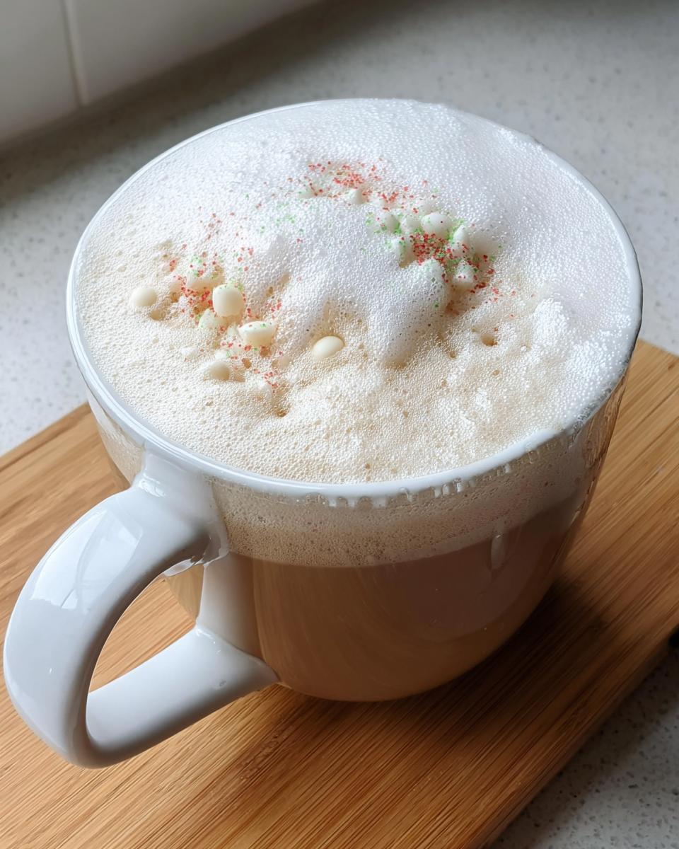 Close-up of a Sugar Cookie Latte at Home with thick white foam topped with red, green, and white sprinkles.