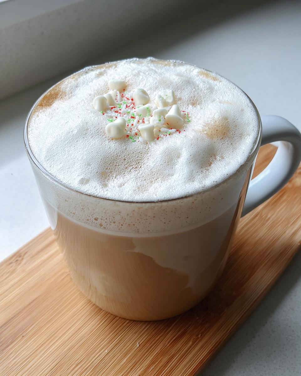 Close-up of a Sugar Cookie Latte at Home with thick foam, topped with white candy pieces and red/green sprinkles.