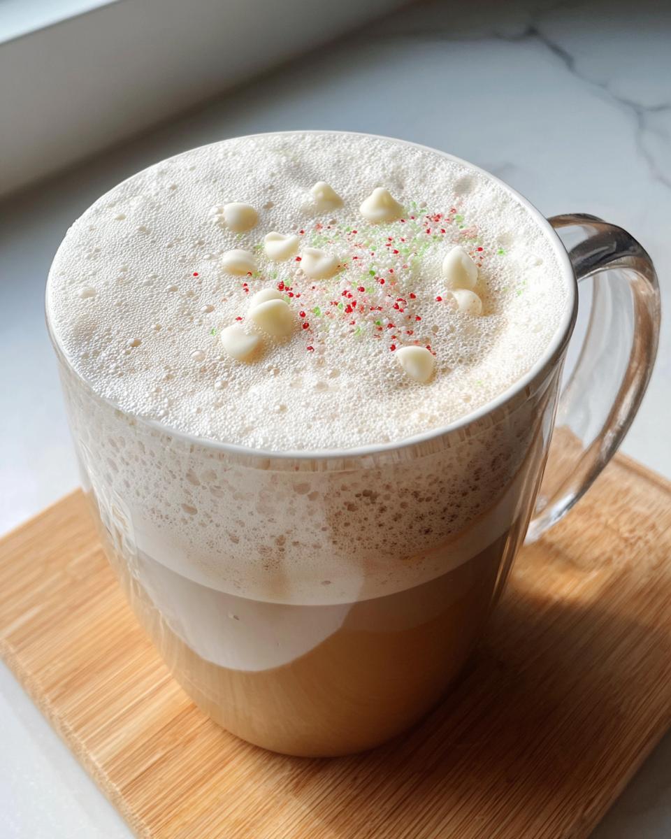 A festive Sugar Cookie Latte at Home topped with foamed milk, white chocolate chips, and red and green sprinkles.