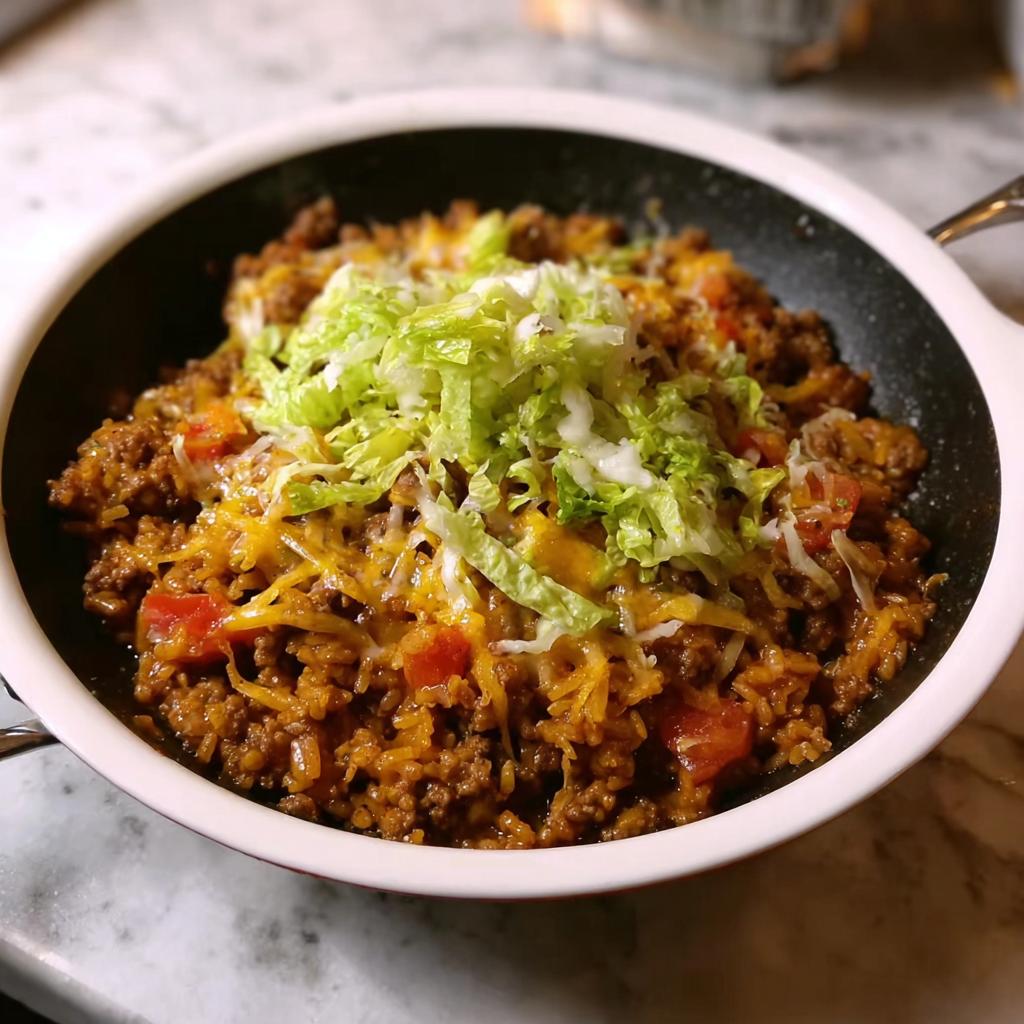 A close-up view of a finished Taco Skillet with seasoned ground beef, rice, melted cheese, and topped with shredded lettuce.