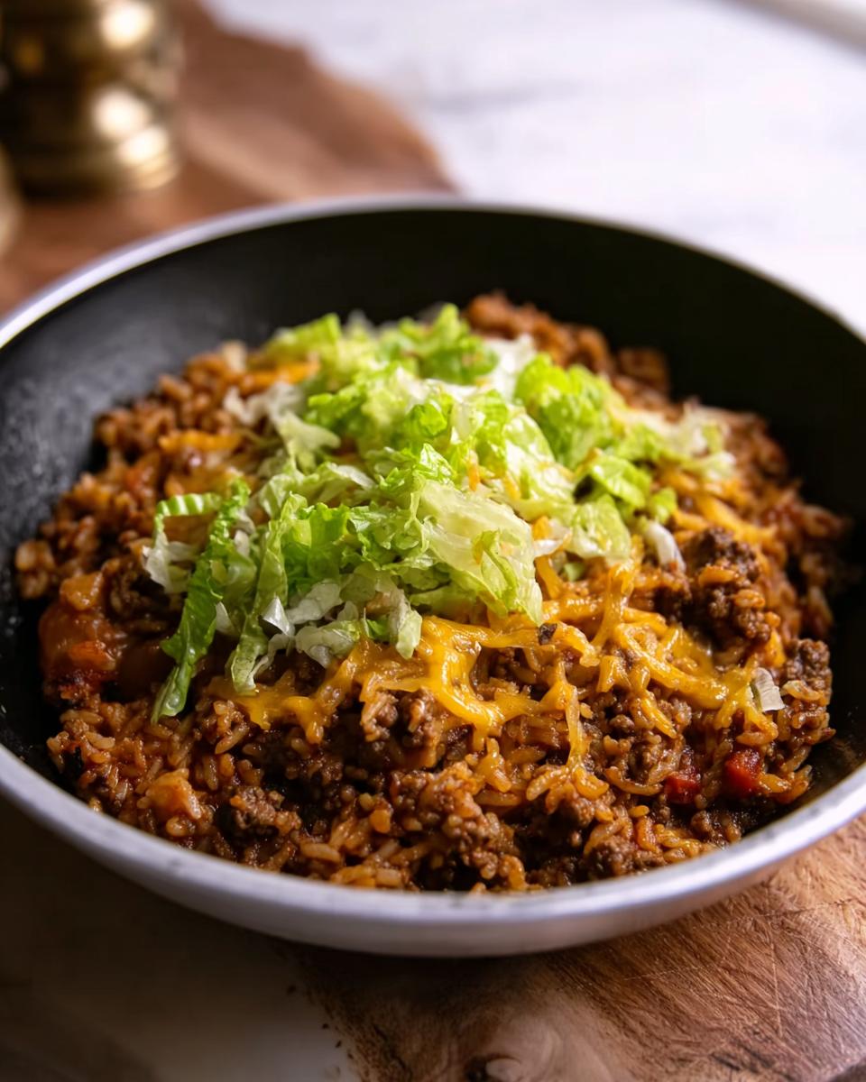 Close-up of a hearty Taco Skillet made with ground beef, rice, melted cheese, and topped with shredded lettuce.