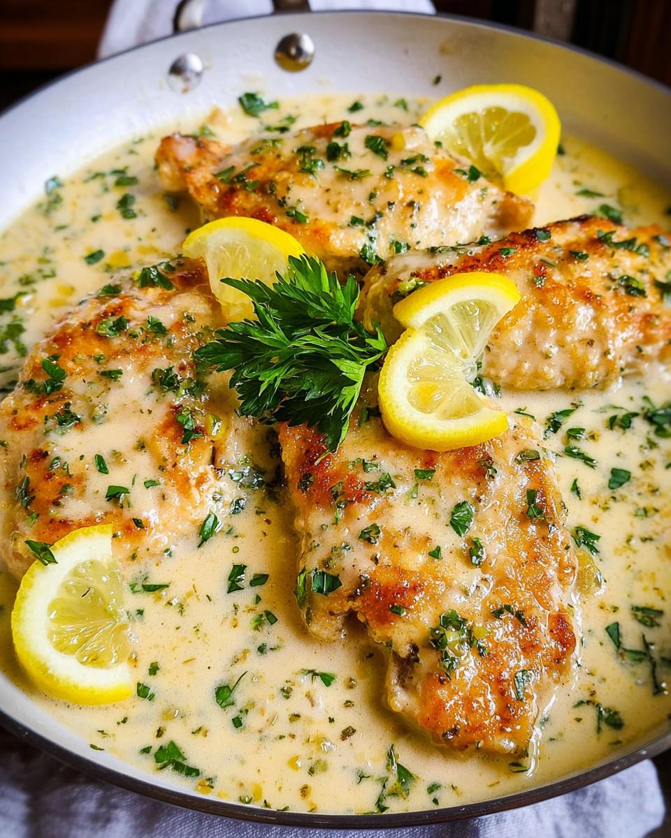 Close-up of Tangy Creamy Lemon Chicken Recipe served in a skillet with a rich sauce and garnished with lemon slices and parsley.