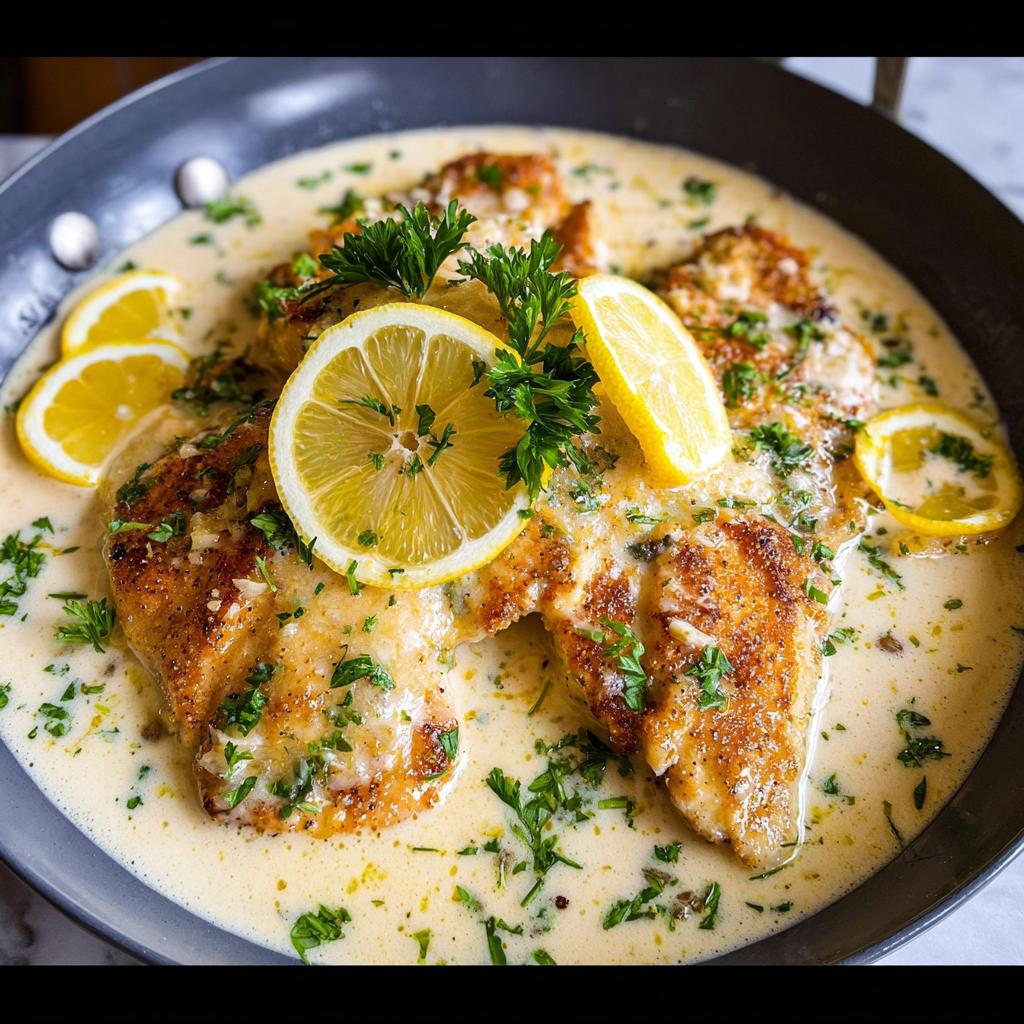Pan-seared chicken breasts smothered in a creamy sauce, garnished with lemon slices and fresh parsley for a Tangy Creamy Lemon Chicken Recipe.