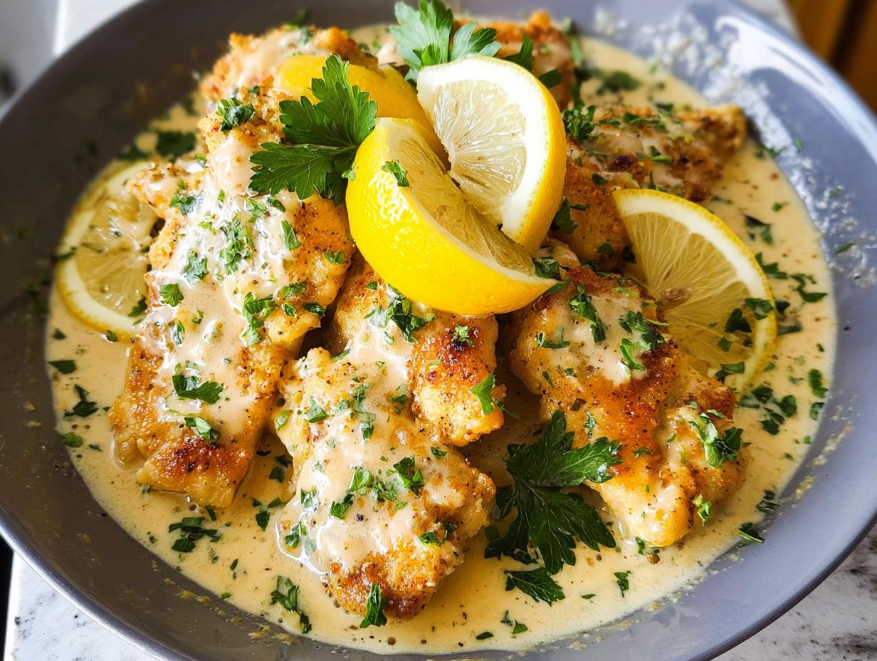 Close-up of golden pan-fried chicken pieces covered in a tangy creamy lemon sauce and garnished with fresh parsley and lemon slices.