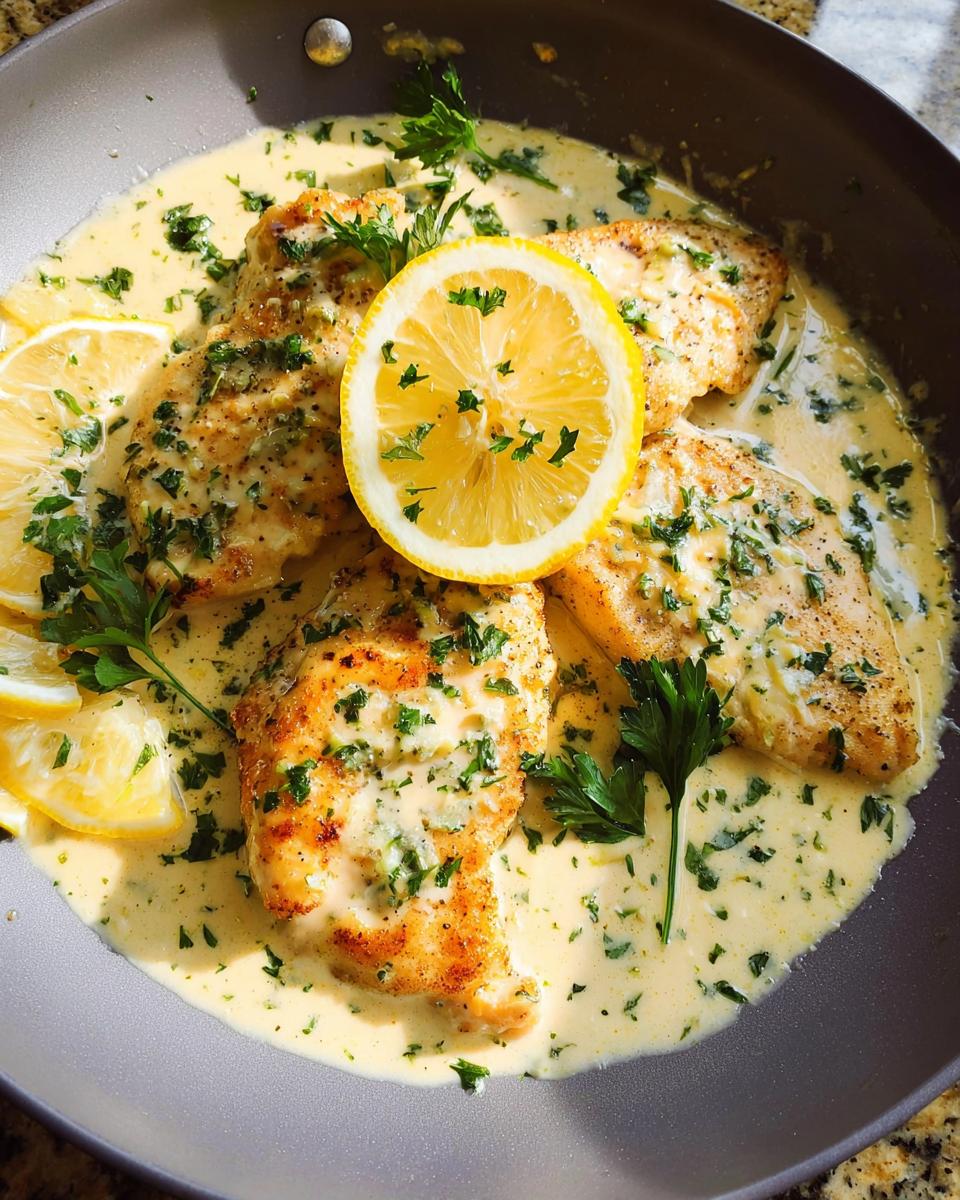 Four golden-brown chicken breasts swimming in a tangy creamy lemon sauce, garnished with fresh parsley and lemon slices.