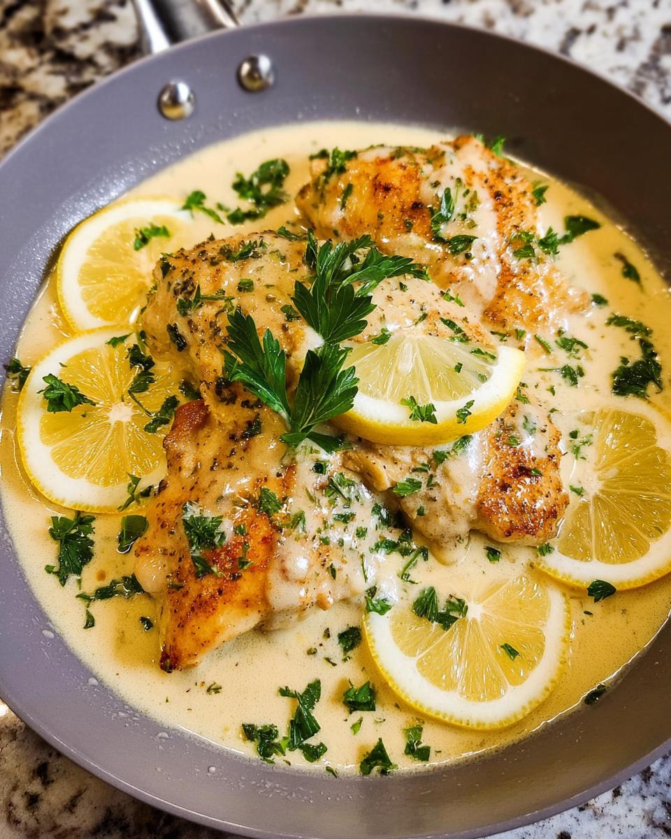 Two pan-seared chicken breasts covered in a creamy sauce, garnished with lemon slices and parsley for the Tangy Creamy Lemon Chicken Recipe.