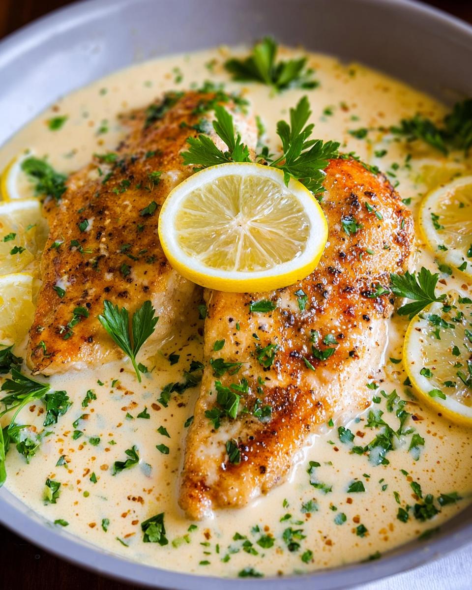 Two golden-brown chicken breasts smothered in a tangy creamy lemon sauce, garnished with fresh parsley and lemon slices.