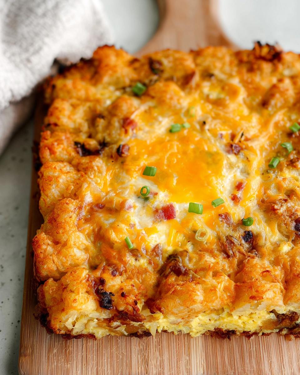 A close-up of a freshly baked Tater Tot Breakfast Casserole with a crispy top, melted cheddar cheese, and green onions.