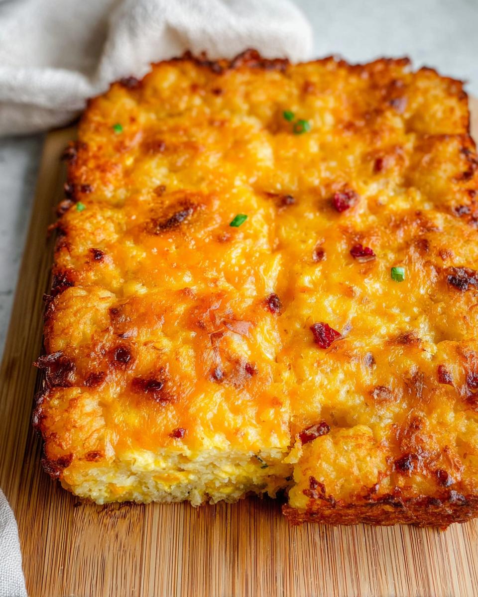 Close-up of a golden-brown Tater Tot Breakfast Casserole with melted cheese and a piece removed.