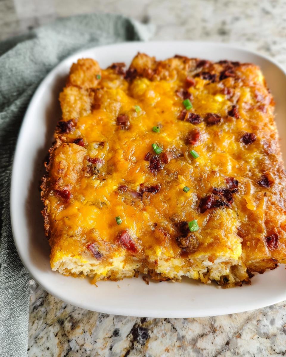 A square serving of Tater Tot Breakfast Casserole with melted cheddar cheese and bacon bits on a white plate.
