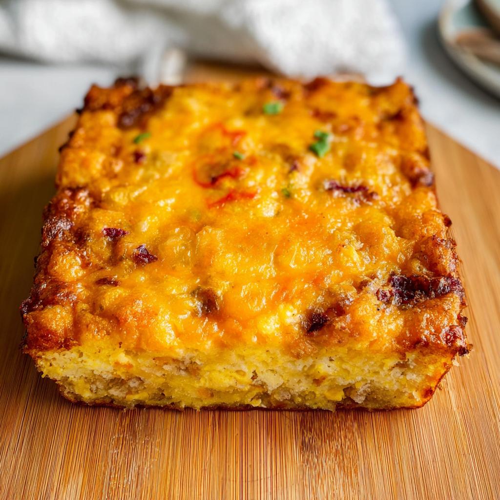 A square portion of Tater Tot Breakfast Casserole with a melted, golden-brown cheese topping.