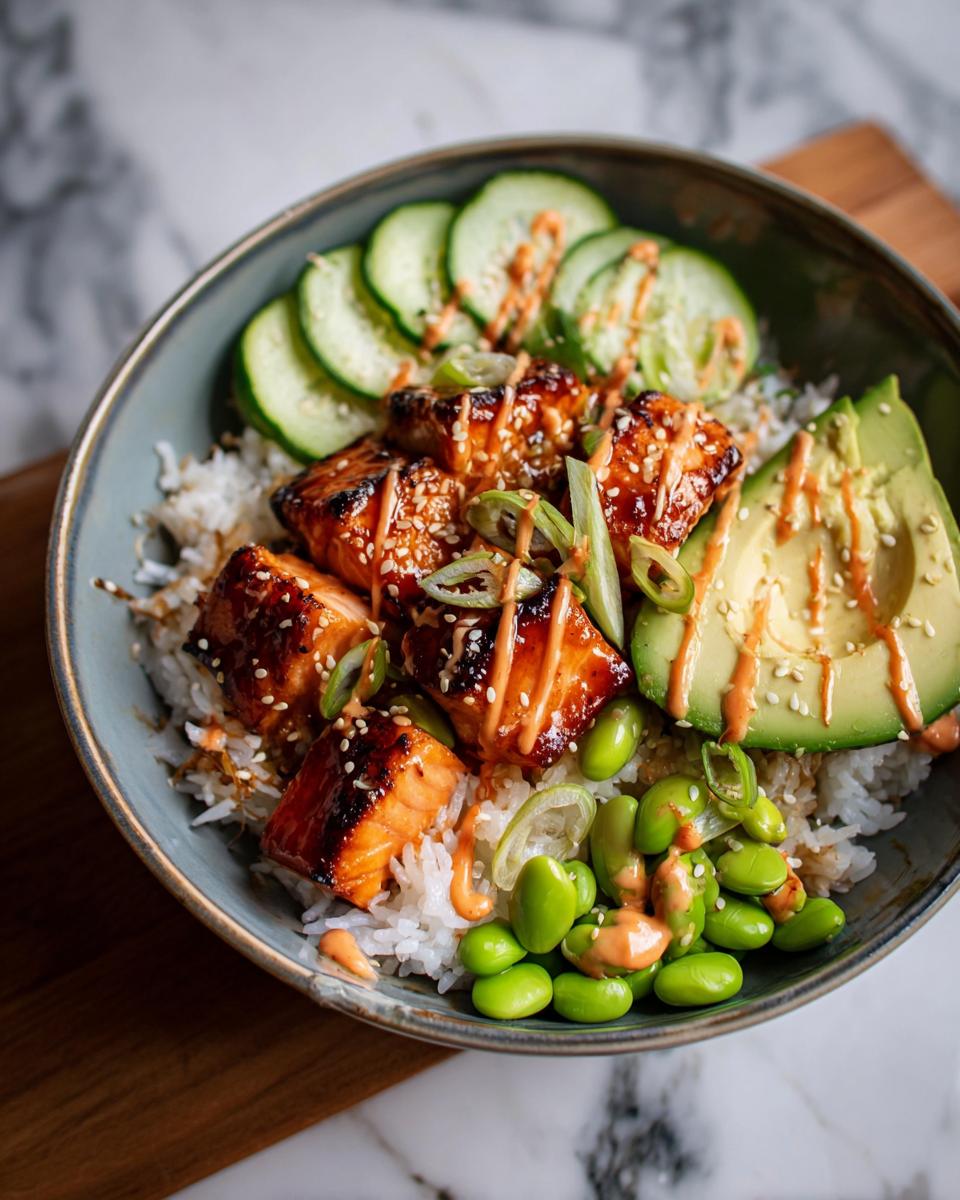 Close-up of Teriyaki Salmon Bowls featuring glazed salmon chunks over rice, avocado, cucumber, and edamame.