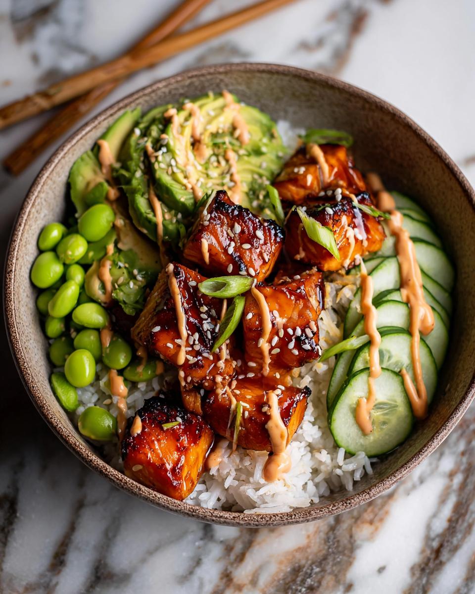 Close-up of a Teriyaki Salmon Bowls featuring glazed salmon cubes over rice, topped with avocado, edamame, and spicy mayo drizzle.