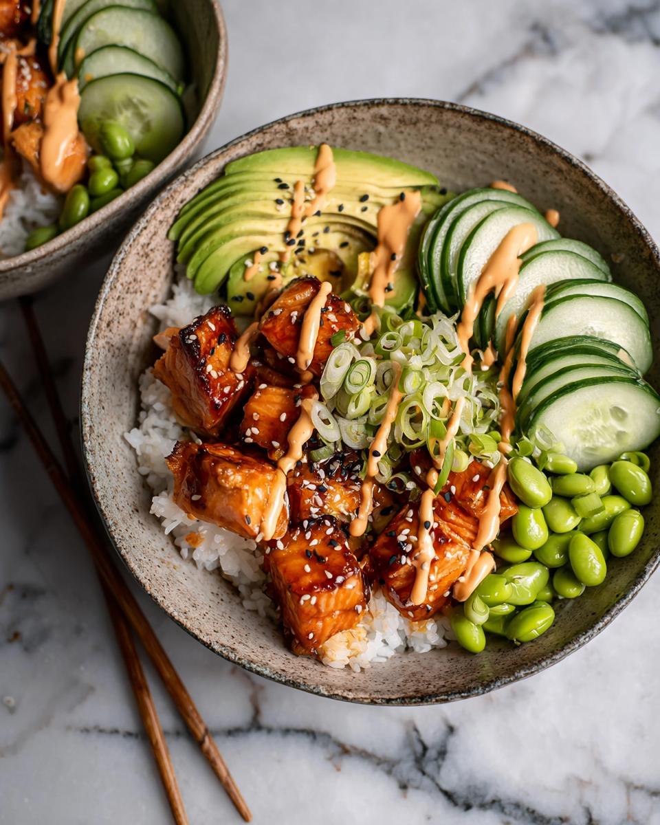 Close-up of a Teriyaki Salmon Bowls featuring glazed salmon pieces over rice, topped with avocado, cucumber, edamame, and spicy sauce.