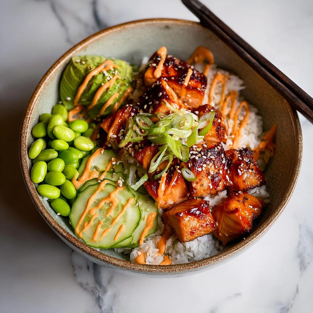 A close-up overhead view of a delicious Teriyaki Salmon Bowls featuring glazed salmon chunks over rice, topped with avocado, edamame, and spicy mayo.