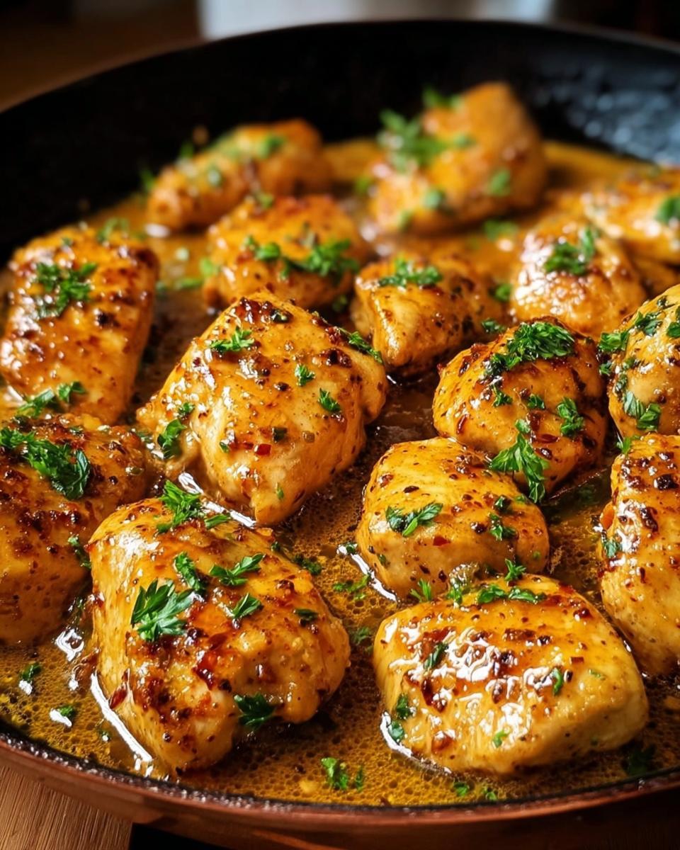 Close-up of tender chicken pieces simmering in a rich, savory sauce in a skillet, resembling Texas Roadhouse Butter Chicken Skillet.