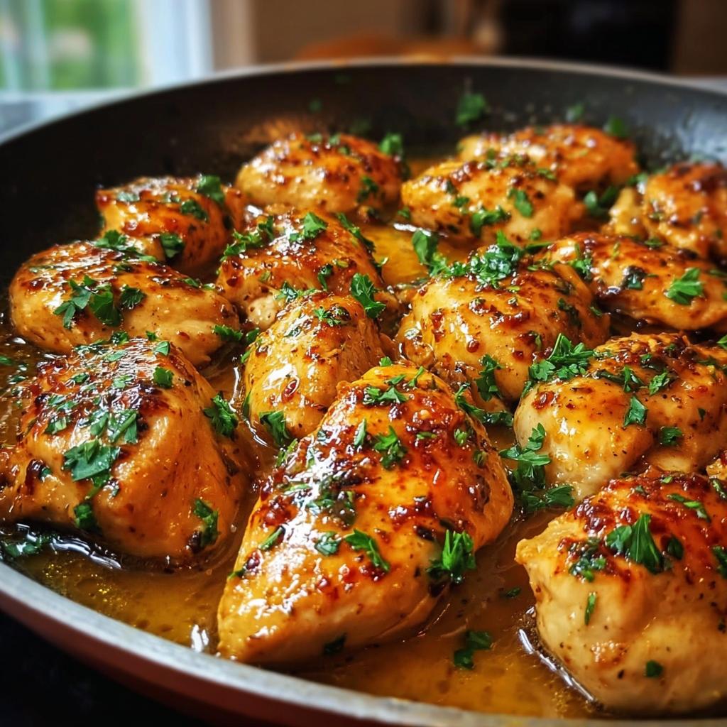 Close-up of juicy chicken breasts simmering in a rich sauce in a skillet, prepared as Texas Roadhouse Butter Chicken Skillet.