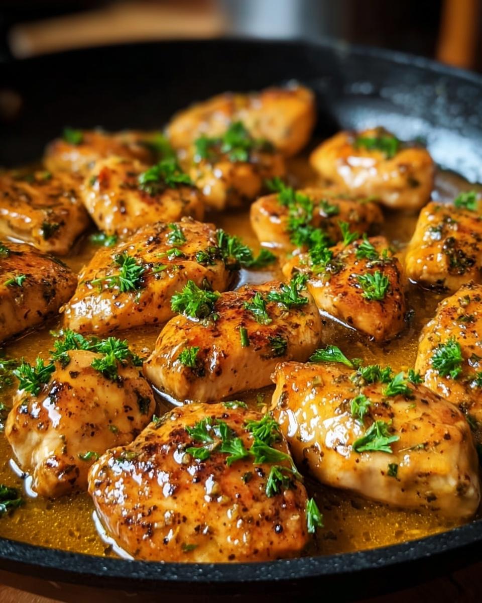 Close-up of juicy chicken pieces simmering in a rich, glossy sauce in a black skillet, garnished with fresh parsley, representing Texas Roadhouse Butter Chicken Skillet.