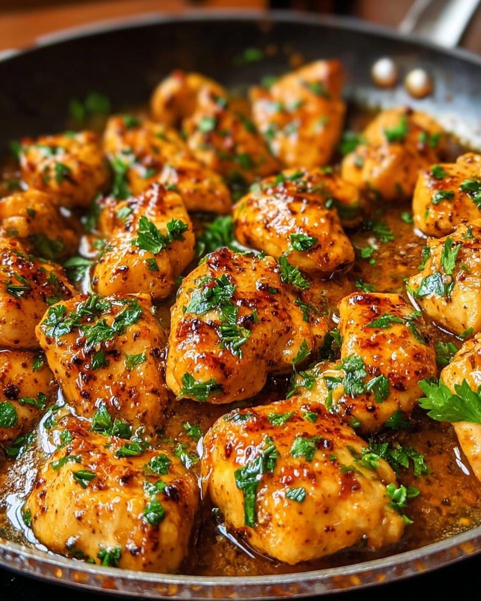 Close-up of tender chicken pieces simmering in a rich, orange sauce, garnished with fresh parsley, representing the Texas Roadhouse Butter Chicken Skillet.