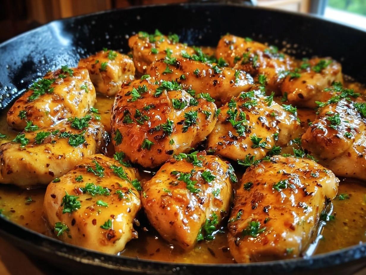 Close-up of juicy chicken pieces coated in a rich sauce, prepared as Texas Roadhouse Butter Chicken Skillet, garnished with parsley.