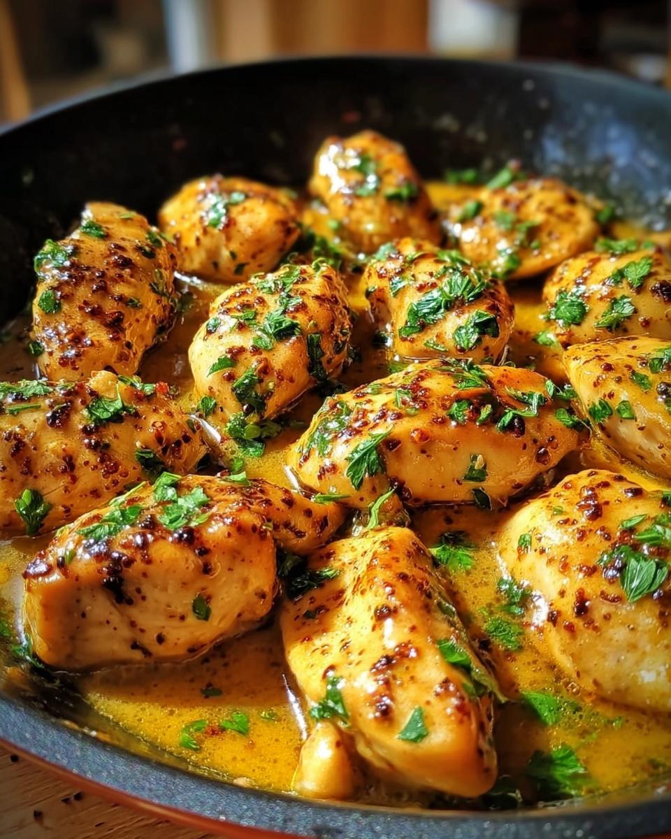 Close-up of juicy chicken pieces simmering in a rich, yellow sauce, garnished with parsley, representing Texas Roadhouse Butter Chicken Skillet.