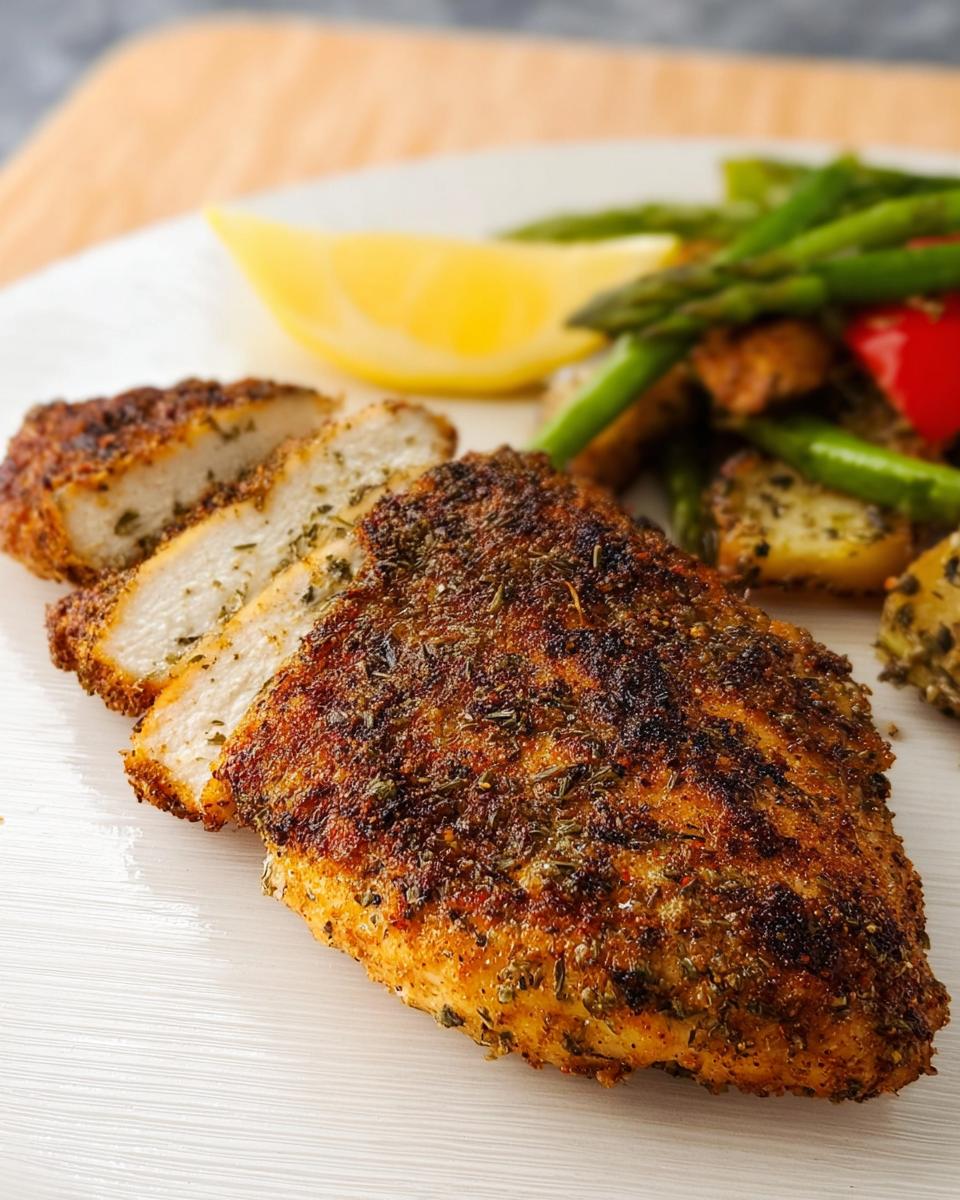 Close-up of seasoned, sliced Texas Roadhouse Chicken at home served with asparagus and a lemon wedge.
