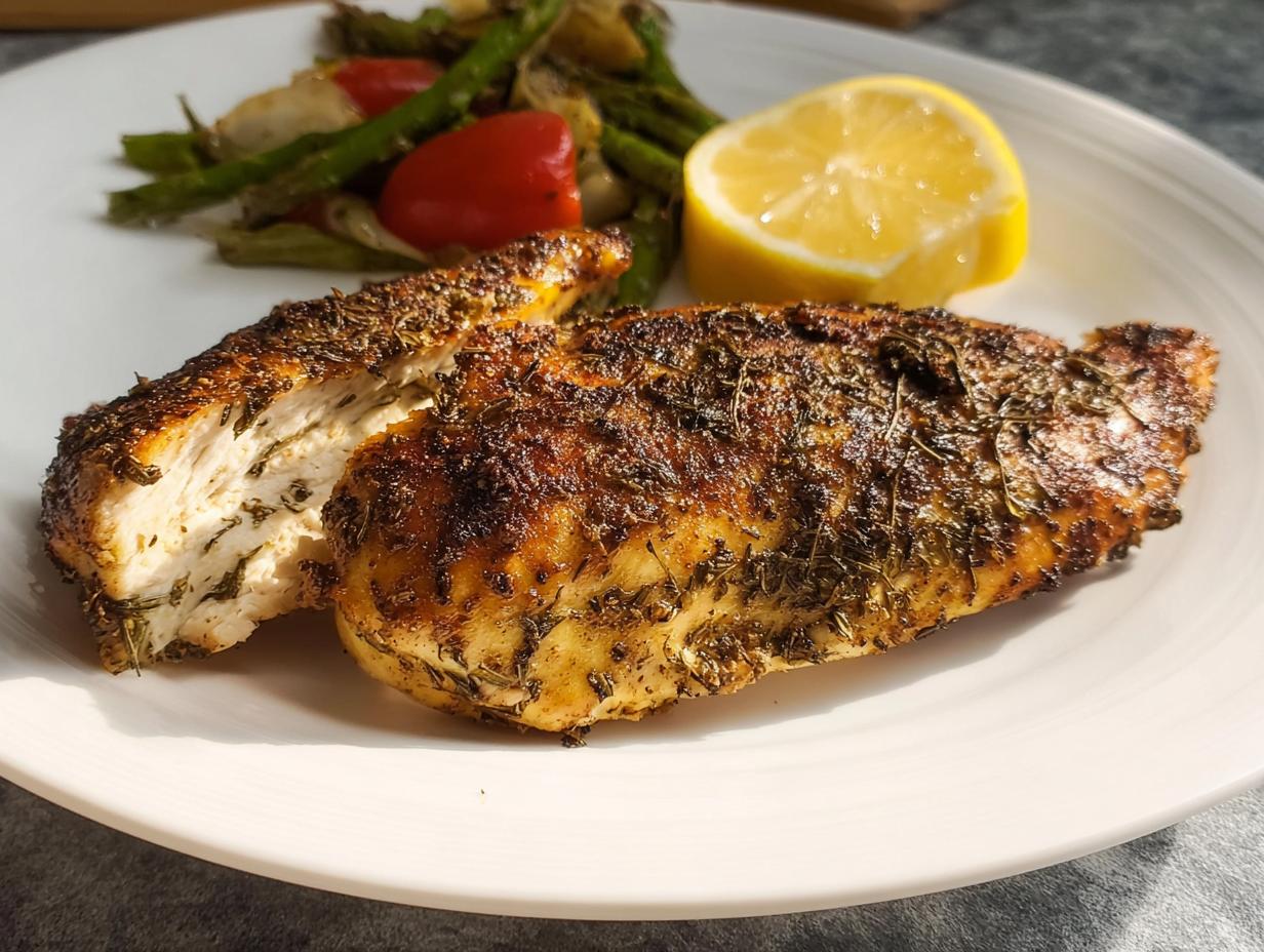 Close-up of perfectly cooked Texas Roadhouse Chicken at home, seasoned with herbs, served with roasted vegetables and lemon.