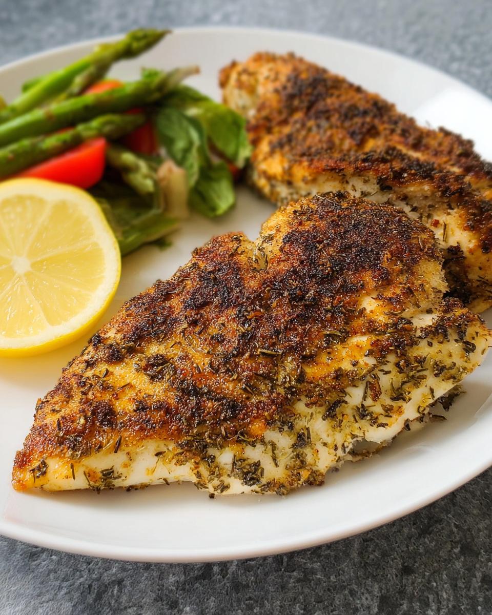 Two seasoned chicken breasts served with asparagus, tomatoes, and a lemon wedge, mimicking Texas Roadhouse Chicken at Home.