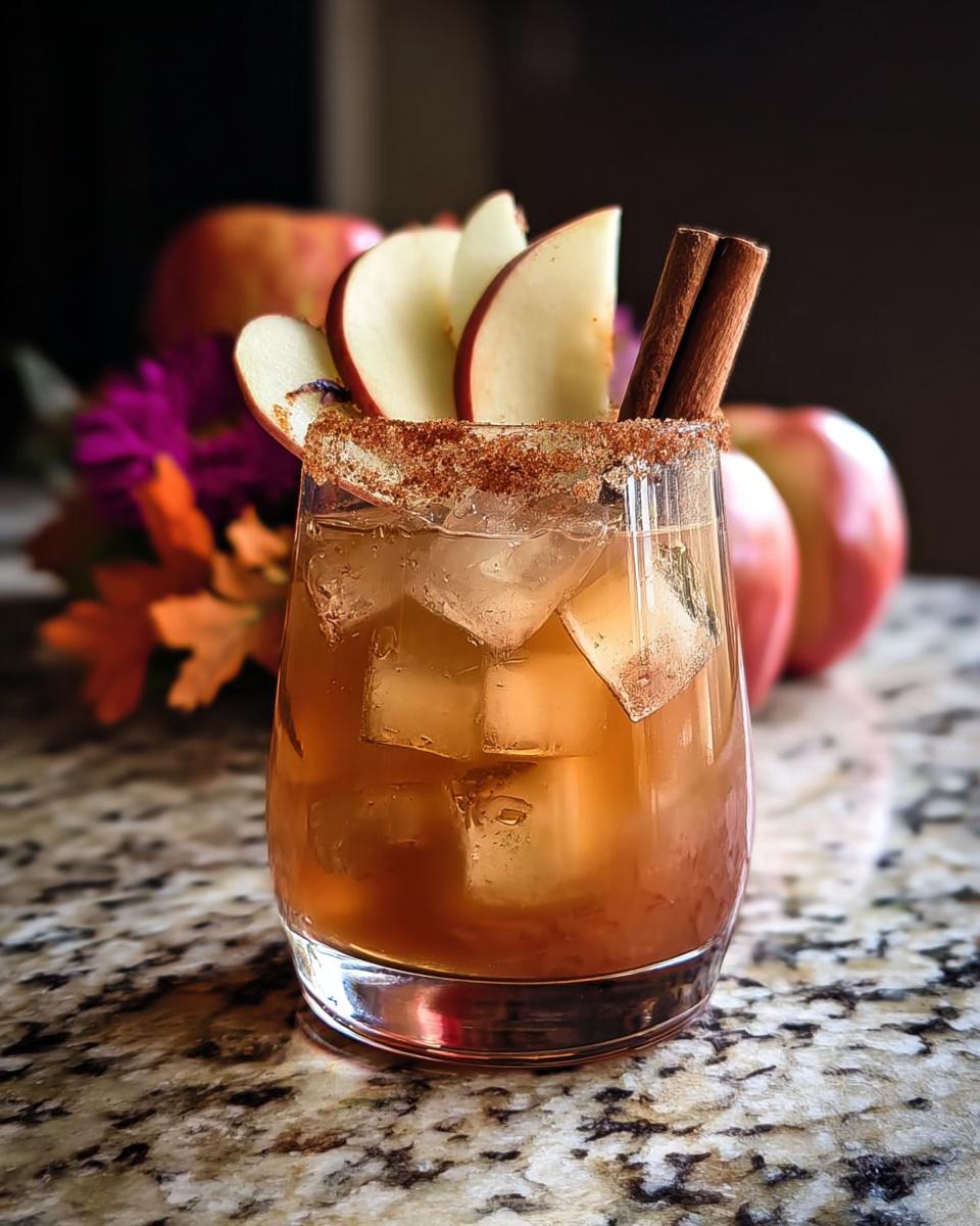 A refreshing apple cinnamon Thanksgiving drink with ice, apple slices, and a cinnamon stick, perfect for a weeknight win.