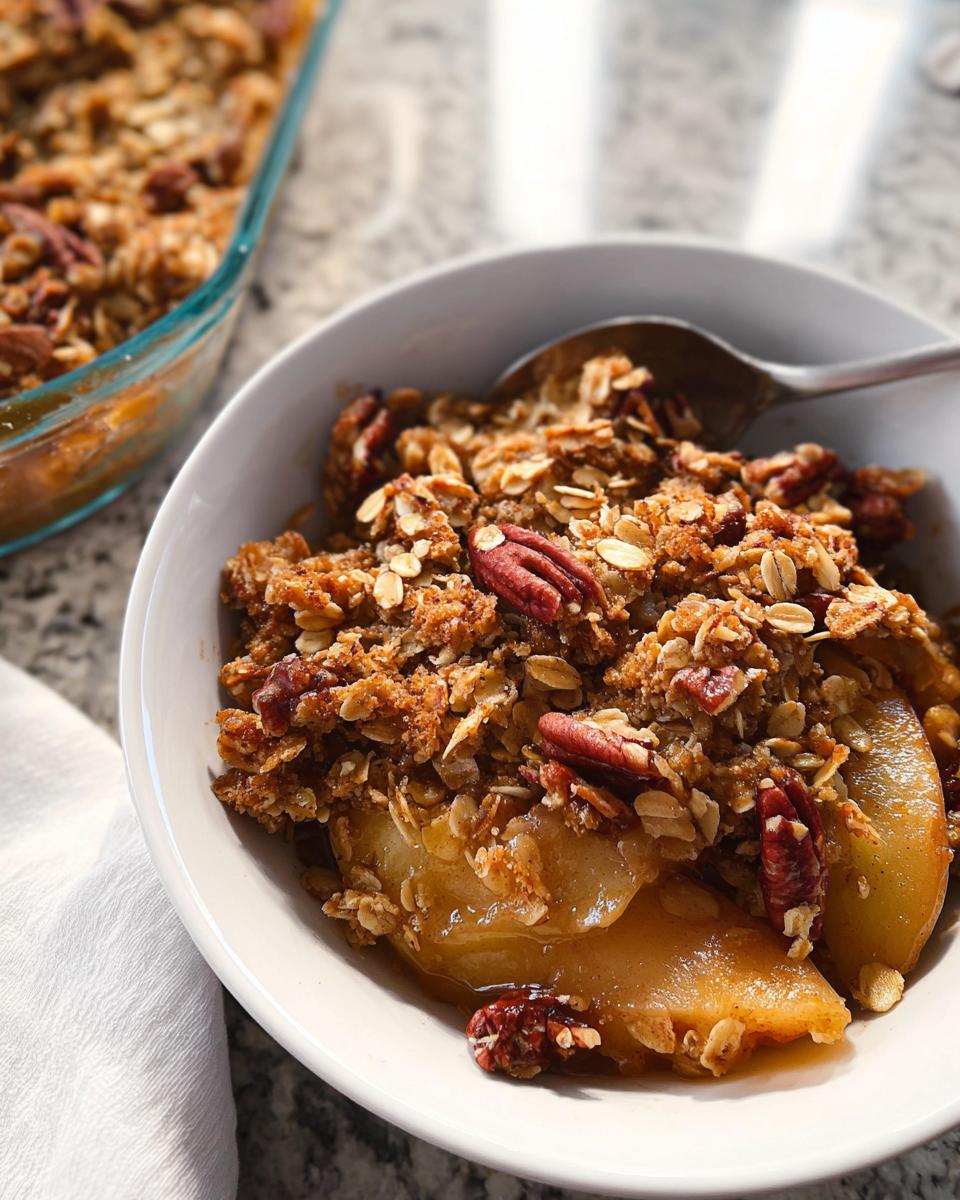 Close-up of a warm apple crumble with a pecan topping, perfect for Thanksgiving Desserts in 20 Minutes.