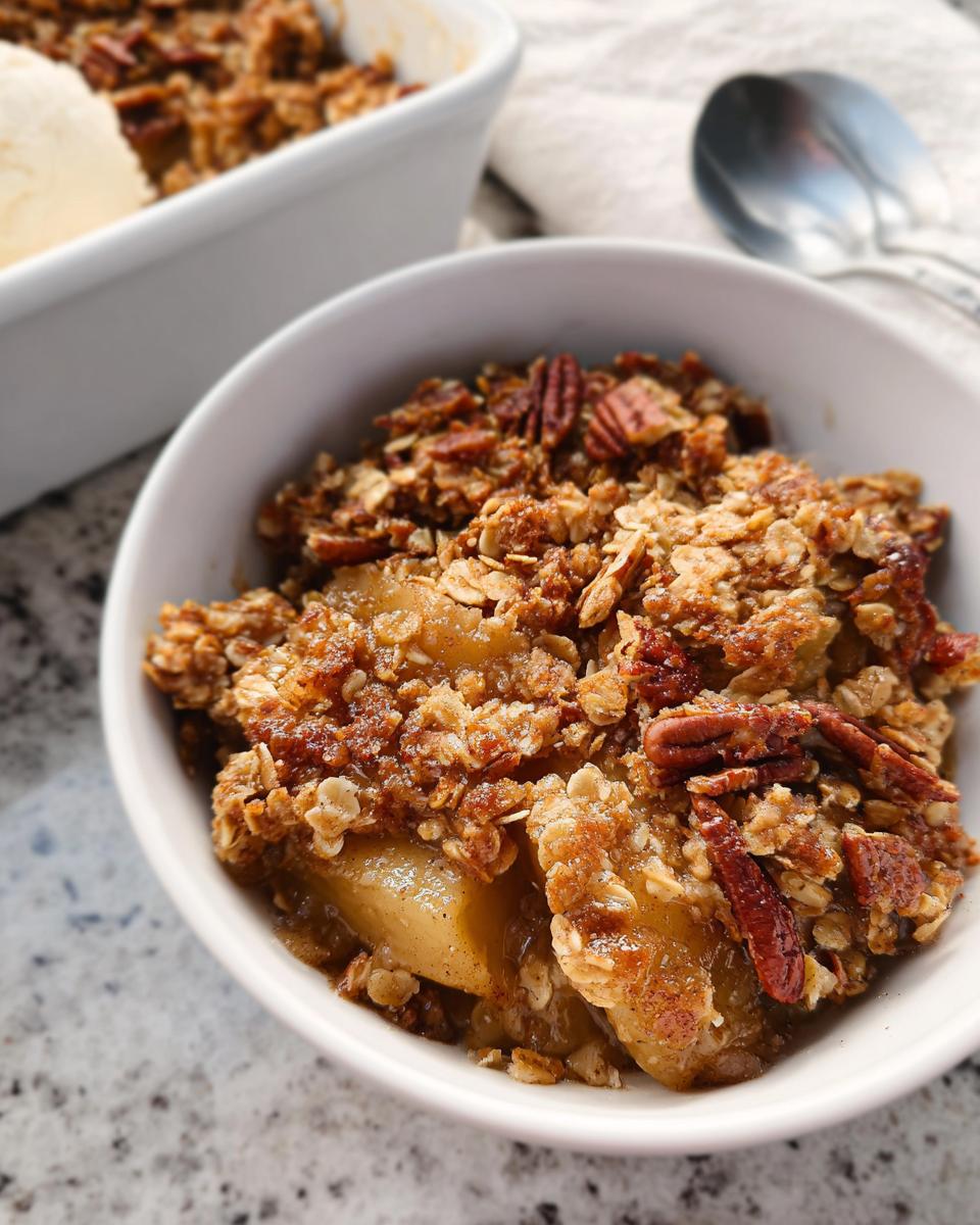 Close-up of a warm apple crumble with pecans and oatmeal topping, perfect for Thanksgiving desserts.