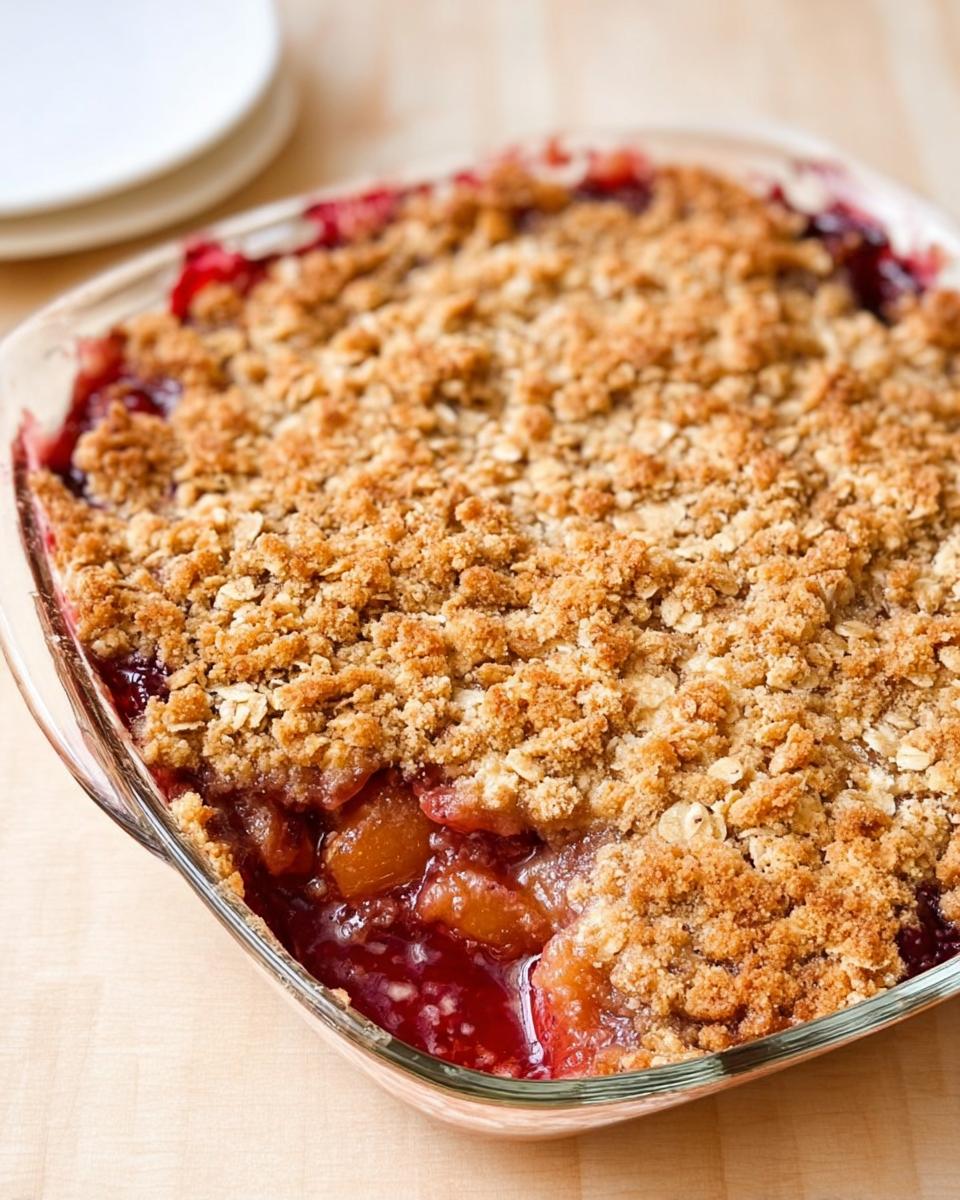 Close-up of a bubbling fruit crumble, a perfect Thanksgiving dessert, in a glass baking dish.