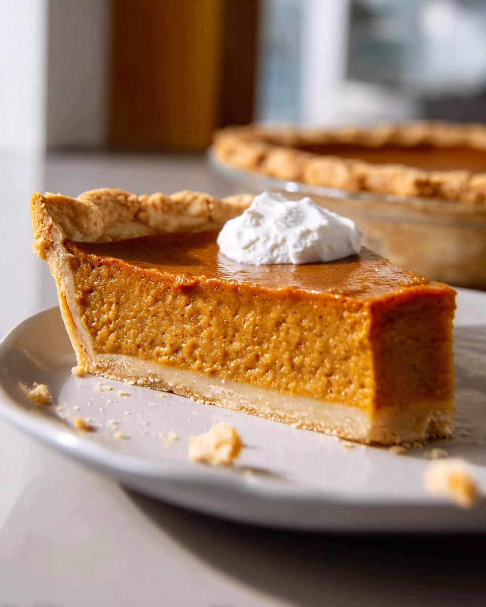 A perfect slice of pumpkin pie, topped with whipped cream, showcasing a flaky crust and smooth filling. A classic Thanksgiving dessert.