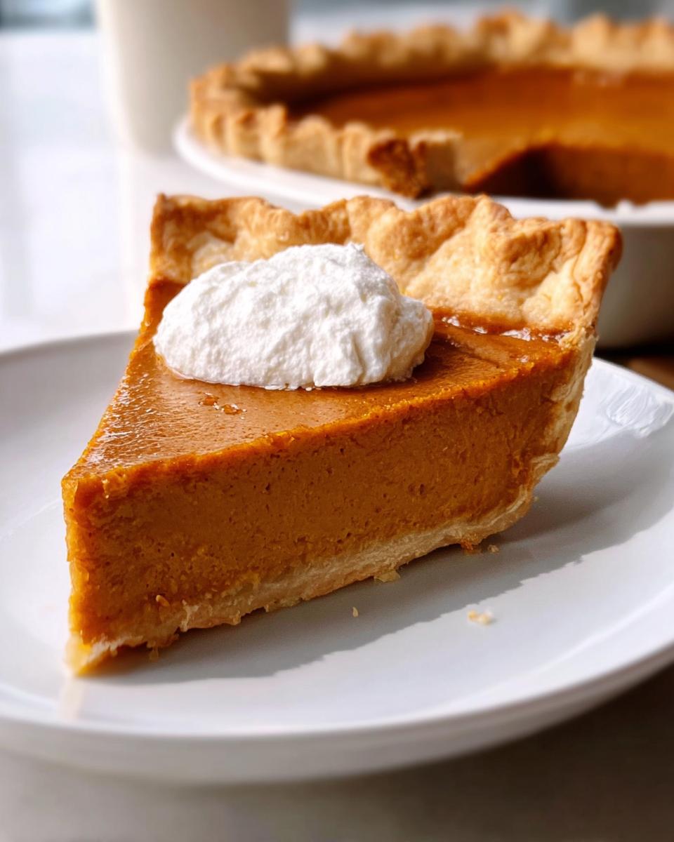 A slice of creamy pumpkin pie, a classic Thanksgiving dessert, topped with whipped cream.