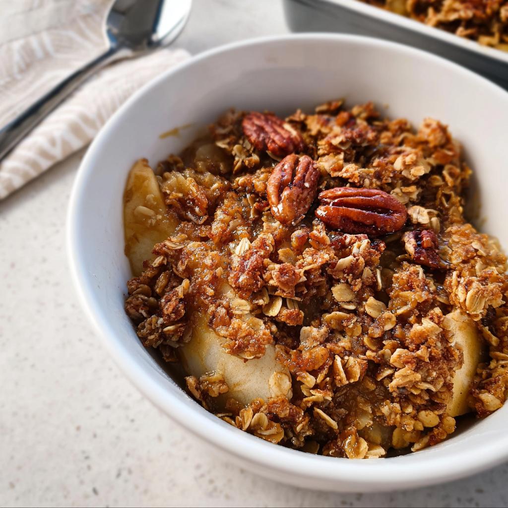 A close-up of a bowl filled with a warm apple crumble, topped with oats and pecans, perfect for Thanksgiving desserts.
