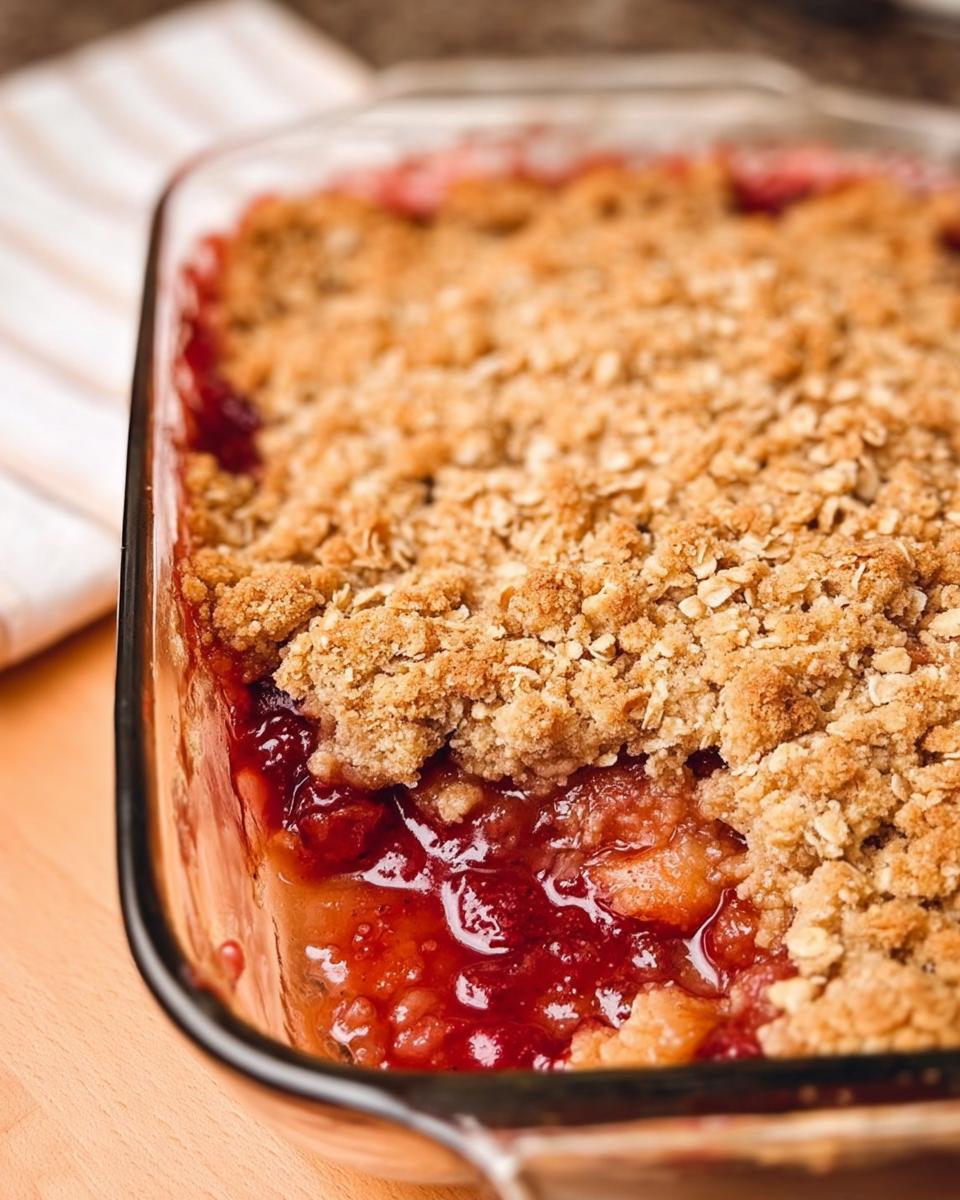 A close-up of a bubbling fruit crumble, perfect for Thanksgiving desserts.