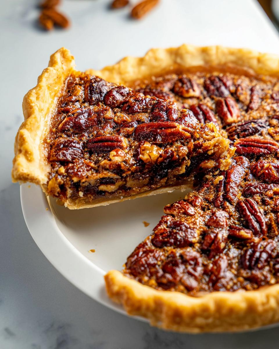 A slice of delicious pecan pie, a perfect Thanksgiving dessert, with a flaky crust and rich filling.