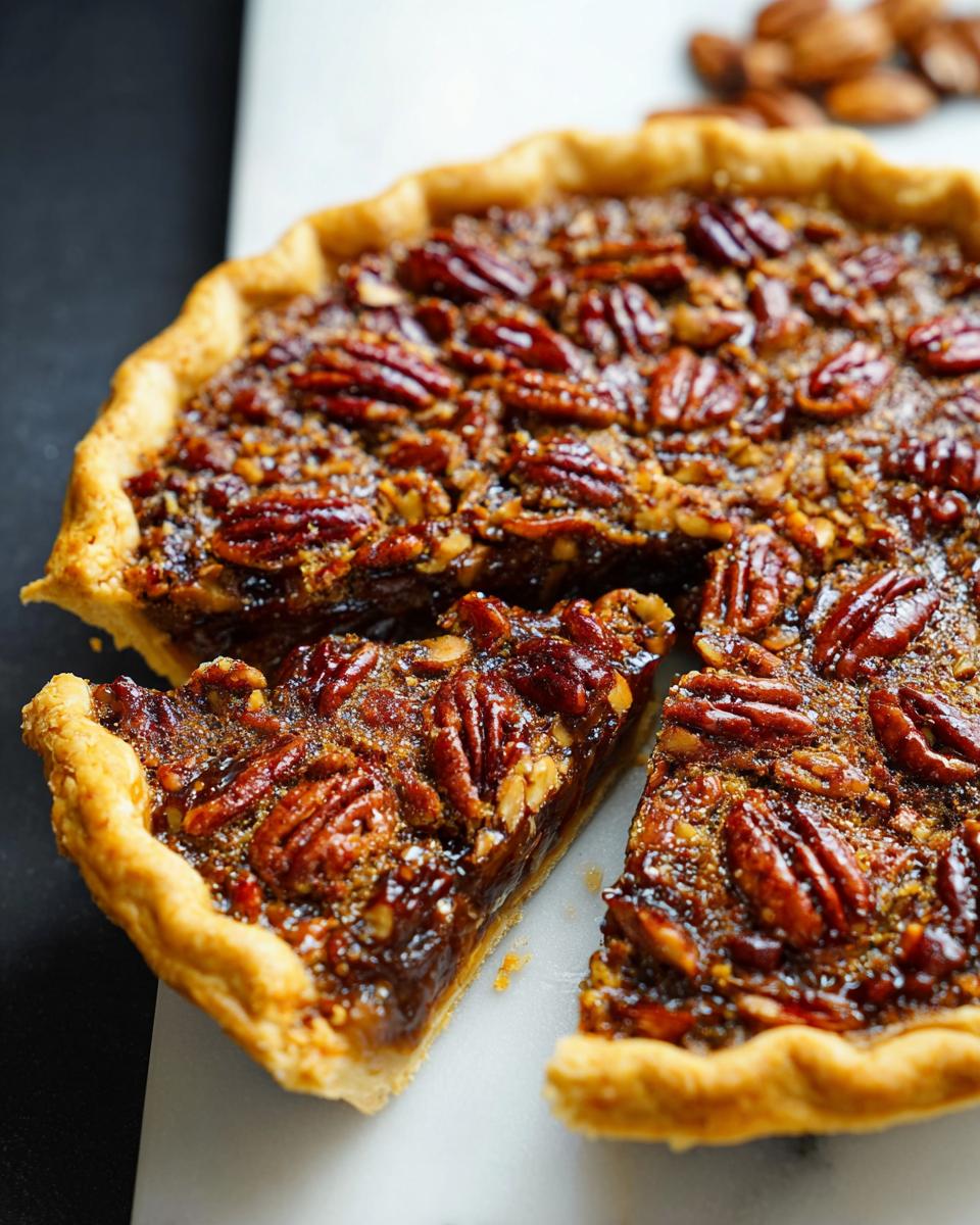 A slice of classic pecan pie, a perfect Thanksgiving dessert, with a golden crust and rich pecan filling.